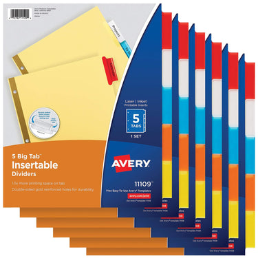 Avery 5-Tab Binder Dividers, Insertable Multicolor Big Tabs, 6 Sets (11109) Binder Divider 6-pack